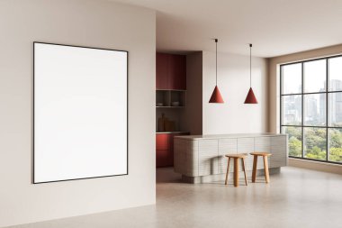 Çağdaş mutfak içi boş duvar posterleri, asgari tasarım unsurları, doğal ışıklandırma ve şehir manzarası. Modern yaşam kavramı. 3B Hazırlama