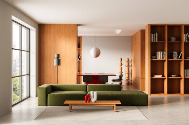 Yeşil modern kanepe, ahşap mobilya ve dekoratif unsurlarla çağdaş iç dekorasyon açık plan tasarımı, minimalist tasarım, nötr arkaplan. 3B Hazırlama