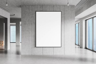 Tamamlanmamış tavan, açık ışıklar ve panoramik pencerelerle beton duvarın içine monte edilmiş boş dikey çerçeve. 3B Hazırlama