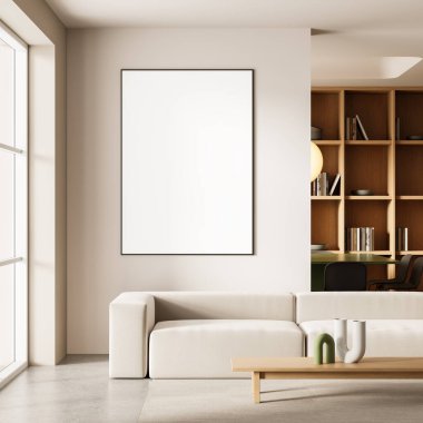 Modern oturma odasının içinde boş bir poster modeli asgari tasarım, yumuşak nötr tonlar, ahşap kitaplık arka plan, çağdaş ev kavramı. 3B Hazırlama
