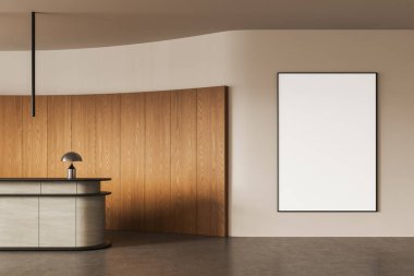 Kavisli ahşap kaplama duvarı, resepsiyon masası ve bej duvarlı geniş dikey boş posteri olan çağdaş bir iç mekan. 3B Hazırlama
