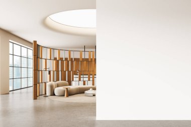 Kavisli ahşap bölme, minimalist mobilyalar ve beton zeminde poster modelleme ya da dizayn şablonu için geniş boş bir duvar. 3B Hazırlama