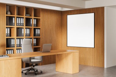 Modern masa, ergonomik sandalye, dizüstü bilgisayar, dosya rafları ve dizayn konsepti için ahşap duvardaki büyük boş çerçeve ile minimalist ahşap ofis içi. 3B Hazırlama