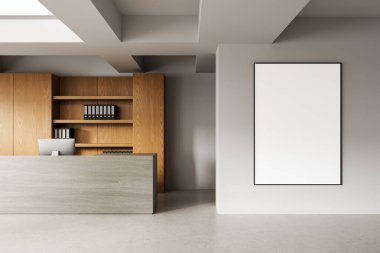 Beyaz ofis duvarında dikey poster modeli, ahşap rafları ve resepsiyon masası olan modern minimalist iç mimari, 3D tasarım, çalışma alanı tasarımı kavramı