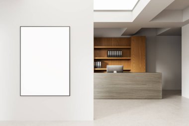 Modern ofis içi, gerçekçi tarzı, beyaz duvar arkaplanı, reklam ya da tasarım konsepti, 3D canlandırma, boş poster modeli