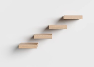 Tahta yüzen basamaklar düz beyaz duvar arka planında çapraz hizalanmış, temiz fotokopi alanı ile minimal model tasarım konsepti. 3B Hazırlama