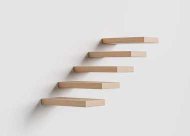 Yüzen beş minimalist ahşap raf temiz beyaz duvar arka planında çapraz hizalanmış, kopyalama alanı, tasarım veya markalaşma için mükemmel bir model. 3B Hazırlama