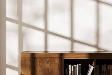 Ahşap kitaplık, düzgün düzenlenmiş kitaplar, pencere gölgeli sıcak ışık, minimal iç plan, tasarım ve ekran konsepti. 3B Hazırlama