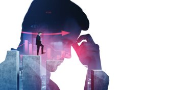 Finans çubukları ve grafiklerle beyaz arka planda ilerleyen bir iş adamı, başarı ve kariyer kavramını ifade ediyor.