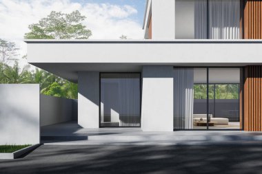 Minimalist beyaz cepheli modern ev dış tasarımı, büyük cam pencereler ve ahşap panel aksanları, tropikal yeşillikte geçiyor. 3B Hazırlama