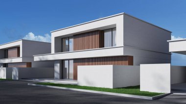 Beyaz duvarları ve ahşap detayları olan modern ev dış görünüşü, temiz minimalist mimari tarzı, mavi gökyüzü arkaplanı, çağdaş yerleşim tasarımı konsepti, 3D tasarım