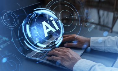 Parlak yapay zeka arayüzü ve fütüristik veri grafikleri, mavi arka planda dijital stil, yapay zeka kavramı olan insan elleri dizüstü bilgisayarda yazıyor.