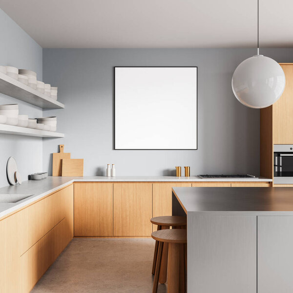 Современная кухня с деревянным шкафом, минималистский декор, и пустой квадратный макет стены плакат в рамке над счетчиком, 3D рендеринг, концепция дизайна интерьера