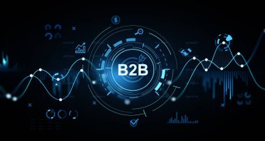 Parlak veri tablolarına sahip B2B pazarlama konsepti, fütürist arayüz elemanları ve karanlık arka planda iş analizi araçları. 3B Hazırlama