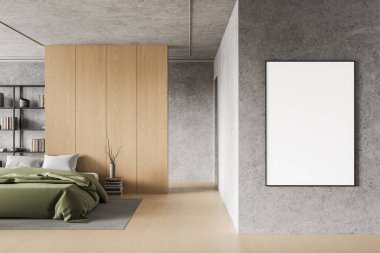 Modern yatak odası, çiğ beton duvarlar, ahşap paneller, ve duvarda boş bir çerçeve, tamamlanmamış bir şehir konseptini gösteriyor. 3B Hazırlama