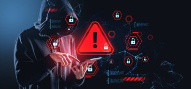 Kırmızı uyarı simgeleri ve asma kilitleri olan kapüşonlu bir figür. Karanlık teknoloji arka planında dijital stil. Siber güvenlik tehdidi ve hackleme kavramı