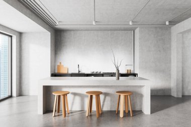 Çiğ beton mutfak, ahşap tabureler ve basit dekorlar, tarafsız arka planda minimalist şehir tarzı, tamamlanmamış ev tasarımı konsepti. 3B Hazırlama