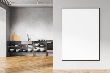 Beton duvarlı tamamlanmamış mutfak tasarımı, açık raflar, ahşap zemin ve beyaz duvarda boş model çerçeve. Ham kentsel konut kavramının 3 boyutlu yorumlanması