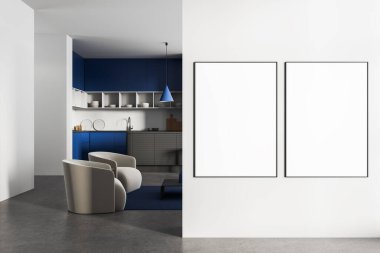 Modern mutfak, iki boş dikey model çerçeve, temiz beyaz duvar arkaplanı, modern ev tasarımı konsepti, üç boyutlu tasarım.