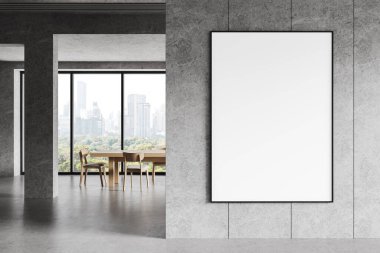 Çiğ beton duvar büyük boş poster çerçeve modeli modern tamamlanmamış şehir içi, açık ahşap yemek seti şehir manzaralı pencereler, 3D görüntüleme