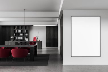 Kırmızı koltuklu, parlak masalı ve ışık duvarında boş posterli, minimalist çalışma alanı konsepti olan çağdaş ofis içi. 3B Hazırlama