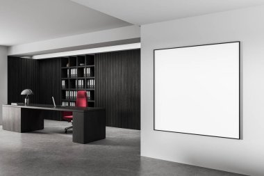 Beyaz duvarda boş model çerçeve, şık mobilyalar ve minimalist tasarım unsurlarıyla çağdaş ofis içi. 3B Hazırlama