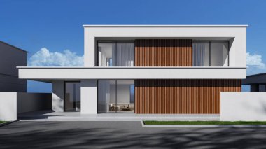 Düz çatılı, tahta yataklı, şehir caddesinde temiz minimalist tasarımı olan, modern konut mimarisi kavramına sahip çağdaş bir ev. 3B Hazırlama