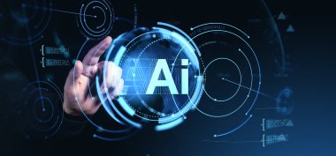 Bir el, mavi teknoloji temalı arka planda dijital arayüz grafikleriyle çevrili parlayan yapay zeka hologramıyla etkileşime girer ve gelecekteki bir kavramı ifade eder.