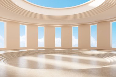 Circular architecture interior with tall vertical windows, smooth beige walls and open sky dome, on a bright cloudy background. Concept of serenity. 3D Rendering