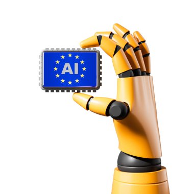 Robotik el, Avrupa Birliği yıldızlarıyla yapay zeka mikroçipi tutuyor. Beyaz arka planda fütüristik stil. Yapay zeka yönetmeliği kavramı. 3B Hazırlama