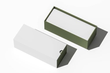 Beyaz kapaklı ve zeytin yeşili tabanlı dikdörtgen ambalaj kutusu modeli, beyaz arka planda minimalistik 3D görüntüleme, markalaşma ve ürün düzeni kavramı