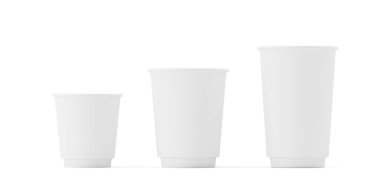 Three plain white coffee cups in varying sizes aligned horizontally, minimal mockup style, on white background. Concept for brand identity and size variety. 3D Rendering