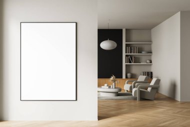 Blank poster on a light wall in modern interior with armchairs, coffee table and bookshelves, 3D Rendering on wooden floor, architecture and design concept