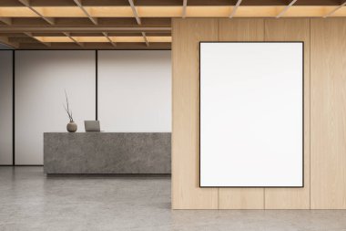 Empty poster mockup in modern reception room, minimal design style, on wooden wall background, concept for branding or artwork display, 3D Rendering
