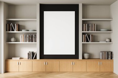 Contemporary living room interior with built-in wooden shelves, decorative items, and large vertical poster mockup on neutral wall. 3D Rendering