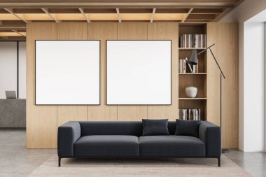 Contemporary living room with two square poster mockups on light wooden wall, cozy dark sofa and bookshelf, 3D Rendering, concept of modern design