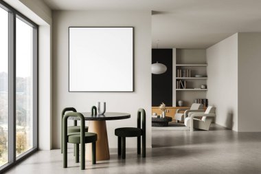 Contemporary interior scene with round table, green chairs, and large blank poster on neutral wall, showcasing modern home design concept. 3D Rendering