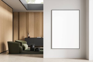 Cozy modern interior with green chairs, wood panel walls, and large vertical poster mockup on clean white wall, 3D Rendering, concept of blank design