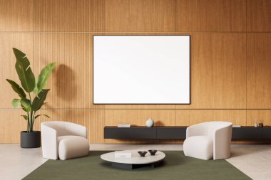 Contemporary interior with white chairs, poster mockup on wooden wall, green carpet, and decor on floating shelf. 3D Rendering of modern design concept