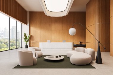 Contemporary lobby with curved cream chairs, wood wall panels, round floor lamp, and large city-view window on neutral floor. 3D Rendering
