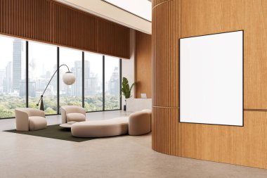 Contemporary office interior with blank poster on curved wooden wall, minimalist furniture, panoramic windows, cityscape view. Concept design mockup. 3D Rendering
