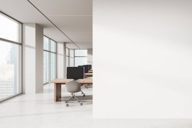 Open space office with modern furniture, 3D Rendering style, blank white wall background, concept of poster or advertisement design mockup