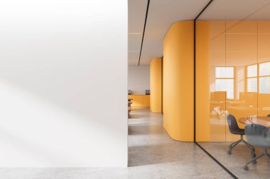 Modern office interior featuring curved orange glass walls, minimalist furniture, polished concrete floor, and bright lighting on a cityscape background. 3D Rendering