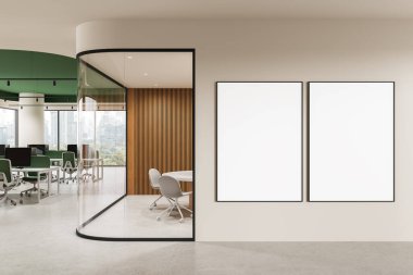 Contemporary office interior featuring two blank posters on wall, surrounded by glass meeting room, green workspace, wood panel wall. 3D Rendering