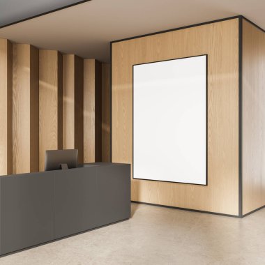 Reception desk in stylish office interior with blank vertical poster mockup framed on wood panel wall, minimalist design concept, 3D Rendering