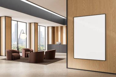 Blank poster mockup on wood panel wall in stylish office lounge with modern chairs, large windows, city view, and reception desk, 3D Rendering