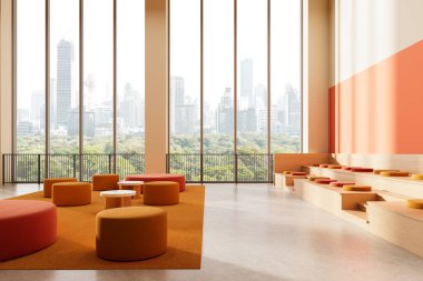 Contemporary interior lounge with orange seating and tiered wooden steps, minimalist style, with large windows showing cityscape and trees, 3D Rendering