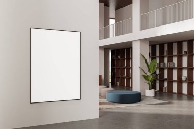 Vertical poster mockup on light wall inside modern minimalist interior with open layout, wooden shelves, plant, and round seating. 3D Rendering