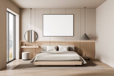 Cozy minimalist bedroom interior with blank wall poster template, modern furniture, soft lighting, and warm wooden design, 3D Rendering