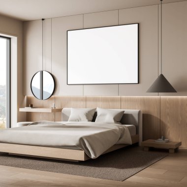 Cozy modern bedroom interior with large blank poster mockup on wall, soft bed, wood furniture and pendant lights in beige tones. 3D Rendering
